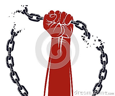 Strong hand clenched fist fighting for freedom against chain slavery theme illustration, vector logo or tattoo, getting free, Vector Illustration