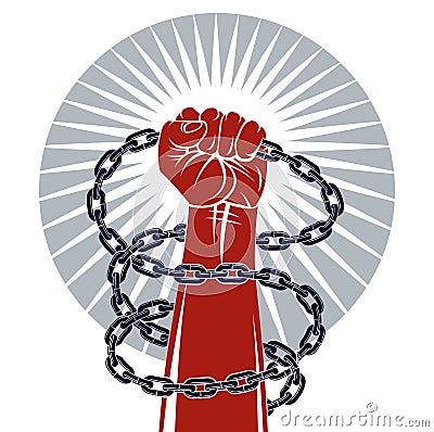 Strong hand clenched fist fighting for freedom against chain slavery theme illustration, vector logo or tattoo, getting free, Vector Illustration