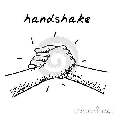 Strong hanshake handdrawn illustration. Cartoon vector clip art of a two muscular hands making a sport style handshake. Black and Vector Illustration