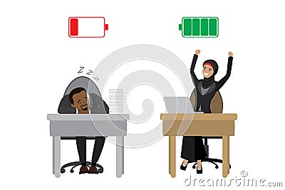 Strong happy arabic businesswoman and tired african american businessman,Green Charged and red discharged battery,isolated on Vector Illustration