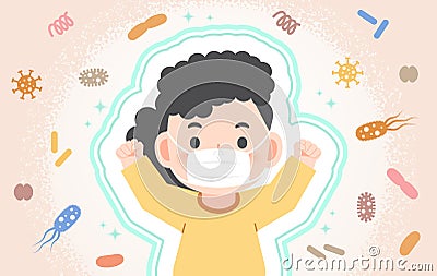 A strong healthy asian girl being protected from Viruses, Bacteria, Dust, Smoke, Germs With a mask illustration vector. Health Vector Illustration