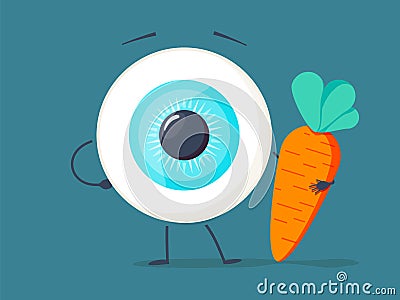 Strong healthy white eye, eyeball doing exercises with dumbbells and carrot character. Vector flat cartoon illustration Vector Illustration