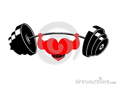 Strong heart and barbell. Powerful love athlete. Cardio training Vector Illustration