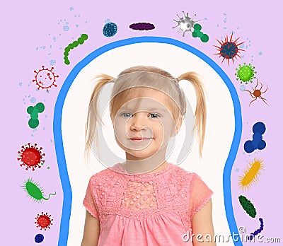 Strong immunity as shield protecting little girl from viruses and bacteria, illustration Stock Photo