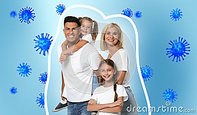 Strong immunity - healthy family. Happy parents with children protected from viruses and bacteria, illustration Stock Photo