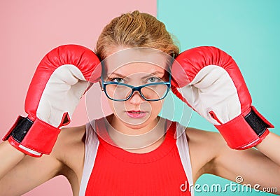 Strong intellect victory pledge. Know how defend myself. Confident her power. Strong mentally and physically. Smart and Stock Photo