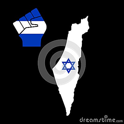 Strong Israel. Raised fist on blue and white Israeli national colour in map with David star. Freedom and support Israeli Vector Illustration