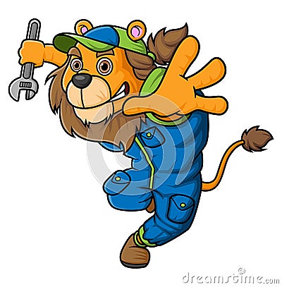 strong lion character wearing mechanic uniform costume posing holding wrench Vector Illustration