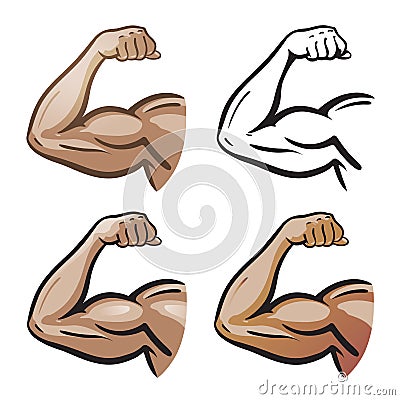 Strong male arm, hand muscles, biceps icon or symbol. Gym, health, protein logo. Cartoon vector illustration Vector Illustration