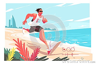 Strong male jogging on beach near ocean Vector Illustration