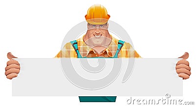 Strong male worker holding blank banner. Man in overalls. Worker in helmet Vector Illustration