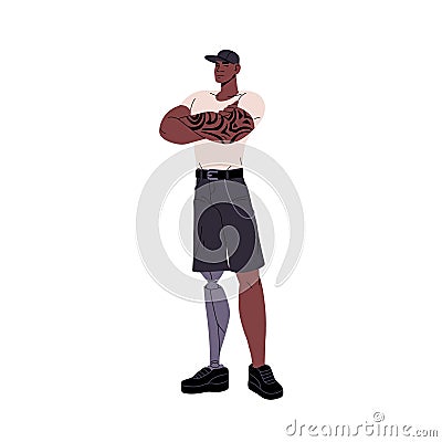 Strong man with athletic, sporty tattoo figure. Disabled guy with robotic, bionic leg prosthesis standing, cross Vector Illustration