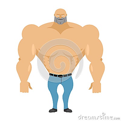 Strong man bare-chested in blue jeans. Athletic body with huge m Vector Illustration