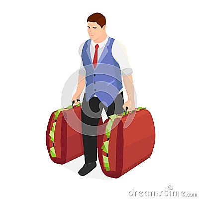 Successful businessman with two suitcases of money. Vector Illustration