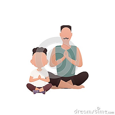 Strong man and little boy are sitting meditating. Isolated. Cartoon style. Vector Illustration