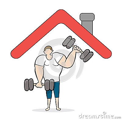 Strong man stays at home and sports at home, lifting dumbbells. Black outlines, colored Vector Illustration