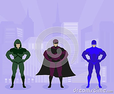 Strong men in costumes protect city Cartoon Illustration