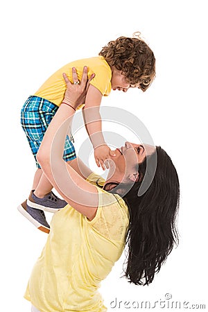 Strong mother raise up her son Stock Photo