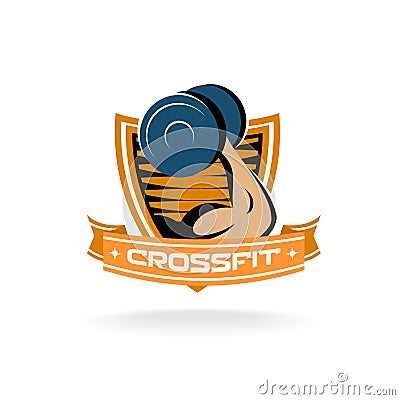 Strong muscle hand with dumbbell crossfit gym log Vector Illustration