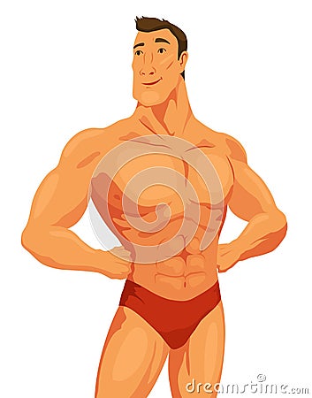 Strong and muscular bodybuilder standing. Muscleman character. Weightlifting, powerlifting or bodybuilding. Vector Vector Illustration