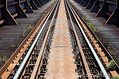 Strong old rusted metal railroad bridge with hard supports and railways tracks in middle mounted with large screws Stock Photo