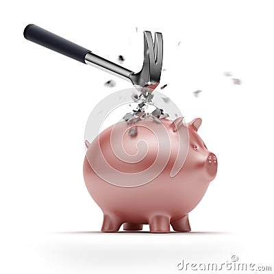 Strong piggy bank and broken hammer Stock Photo