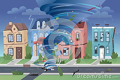 Strong powerful tornado hurricane destroying small town buildings. Natural disaster swirling whirlwind damaging city and Vector Illustration