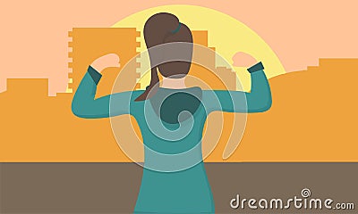 Strong powerful woman showing her muscles against the urban silhouette Vector Illustration