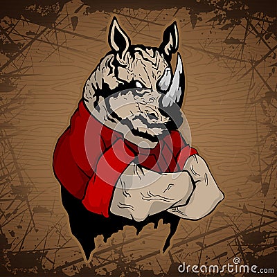 Strong rhinoceros image on a wooden background. Vector Illustration