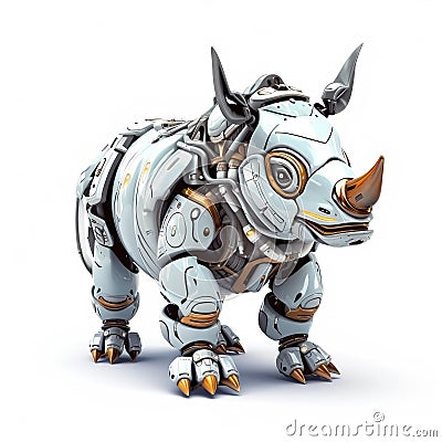 Strong rhinoceros robot, robotic animal isolated over white background. Created with generative Ai Stock Photo