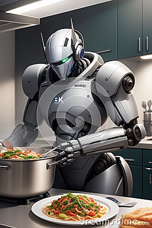 Strong robot chef owned by a big company cooking pasta in the kitchen for human Stock Photo