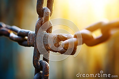 Strong Rusty Chain Link Closeup in Golden Light A closeup shot of a rusty chain link symbolizing strength resilience Stock Photo