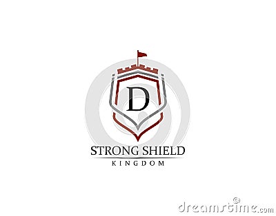 Strong Shield, Gold Heraldic D Letter Monogram. Retro minimal shield Shape. Crown, Castle, Kingdom Logo Design Vector Illustration