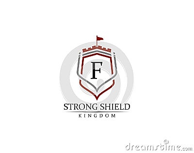 Strong Shield, Gold Heraldic F Letter Monogram. Retro minimal shield Shape. Crown, Castle, Kingdom Logo Design Vector Illustration