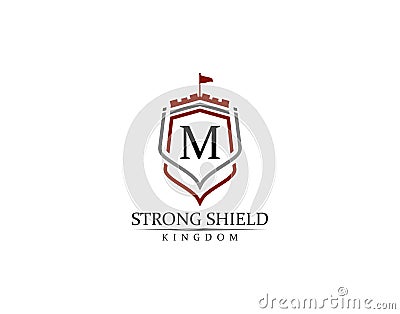 Strong Shield,Gold Heraldic M Letter Monogram. Retro minimal shield Shape. Crown, Castle, Kingdom Logo Design Vector Illustration