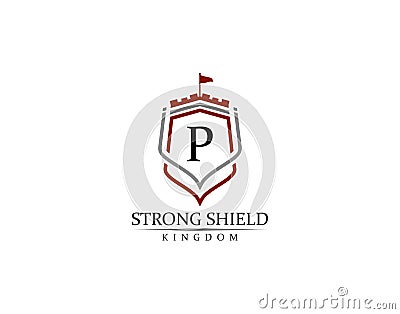 Strong Shield, Gold Heraldic P Letter Monogram. Retro minimal shield Shape. Crown, Castle, Kingdom Logo Design Vector Illustration