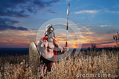 Strong Spartan warrior in battle dress with a shield and a spear Stock Photo