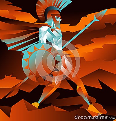 Strong spartan warrior with shield and spear in underworld Vector Illustration