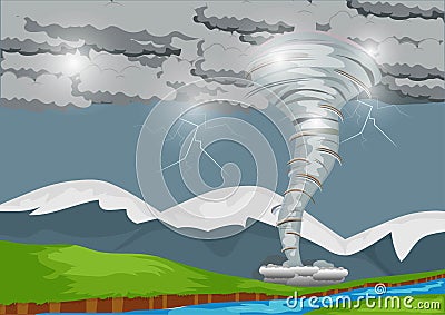 A strong storm produces a powerful tornado that sweeps through the countryside with lightning plates. mixed media landscape Vector Illustration