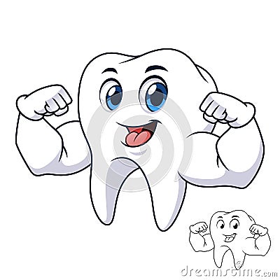 Strong Tooth Showing Arm Muscles with Line Art Drawing Vector Illustration