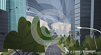 Strong Tornado Destroy City Hurricane Damaging Town, Storm Twister Vector Illustration