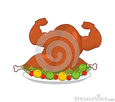 Strong turkey on plate with garnish. Powerful fowl Baked on dish Vector Illustration