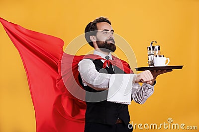 Strong waiter serves food on tray Stock Photo