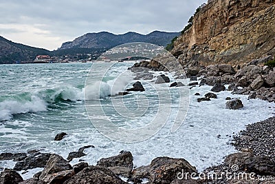 Strong waves and winter windstorm on the Black sea. Stock Photo