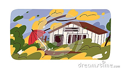 Strong wind blowing, hurricane in autumn season. Windy stormy day, dangerous weather, windstorm destroying tree branches Vector Illustration