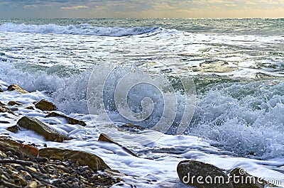 A strong wind rolls the waves to the shore Stock Photo