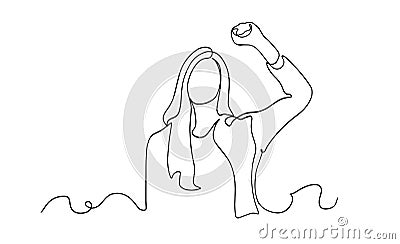 Strong woman continuous one line drawing. Continuous one line drawing long hair girl power pose. beautiful woman protesting vector Stock Photo