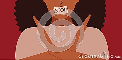 Strong woman crossed hands to protest and protect herself. Activist female stands for gender equality, women's rights. Vector Illustration