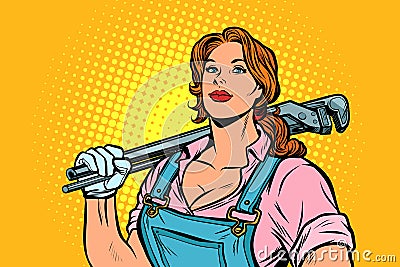 A strong woman mechanic plumber worker with adjustable wrench Vector Illustration