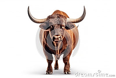 Strongest dark brown bull with muscles and long horns portrait looking at camera isolated on clear png background, Animals Fighter Stock Photo